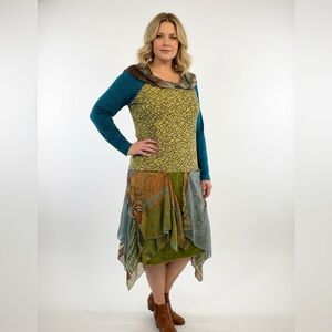 Y2K Save theQueen Artsy Boho Lagenlook Layered Dress Green Teal Asymmetrical L